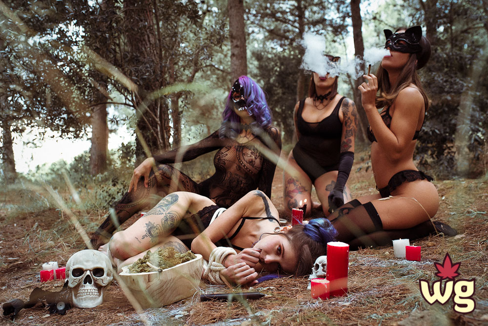 Sexy girls smokes ganja for ritual in the woods